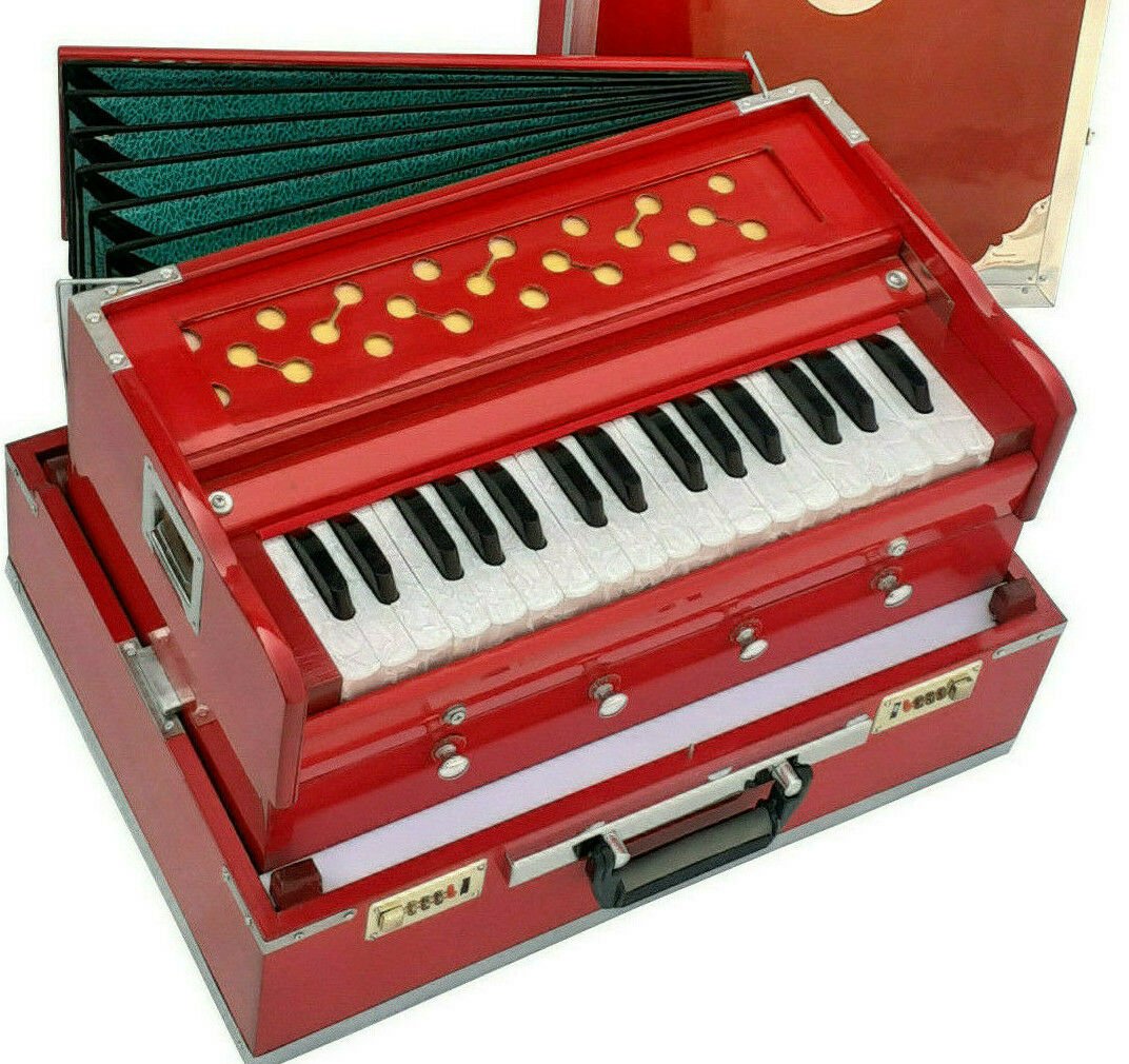 32 Keys Portable Harmonium red Color 4 Stopper 2.5 Octave multi-fold Bellow 440 hz Tuned Made in India - OLD INDIAN CRAFTS