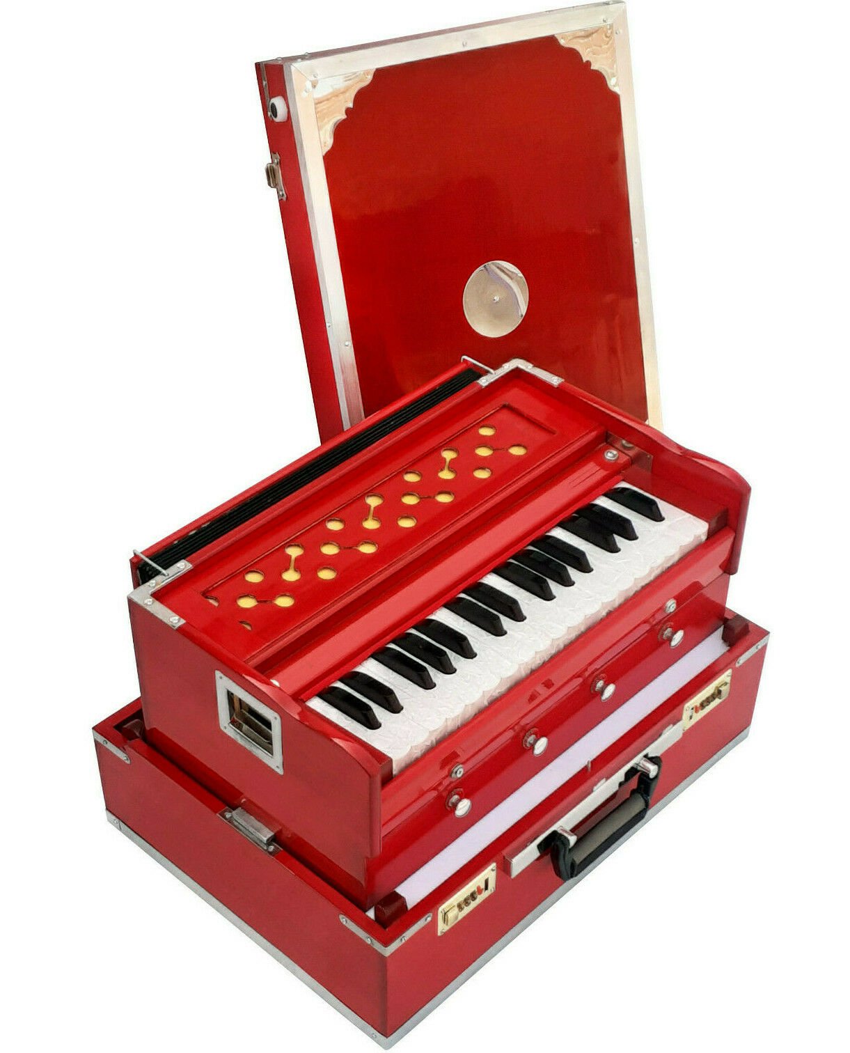 32 Keys Portable Harmonium red Color 4 Stopper 2.5 Octave multi-fold Bellow 440 hz Tuned Made in India - OLD INDIAN CRAFTS