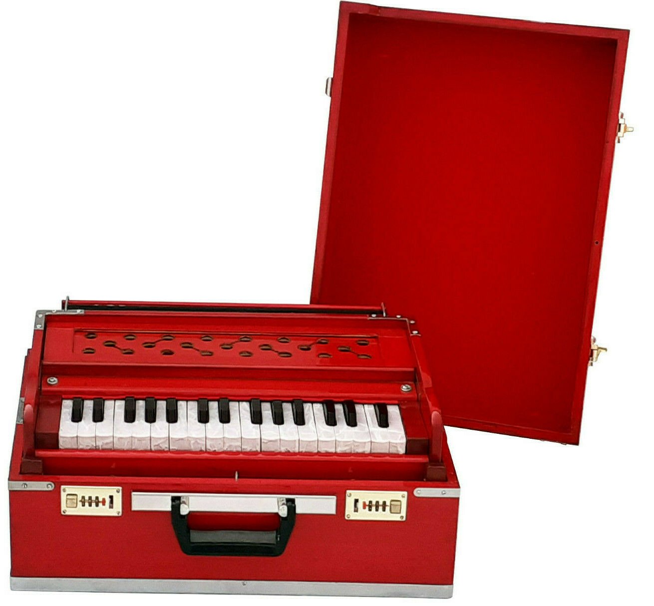 32 Keys Portable Harmonium red Color 4 Stopper 2.5 Octave multi-fold Bellow 440 hz Tuned Made in India - OLD INDIAN CRAFTS